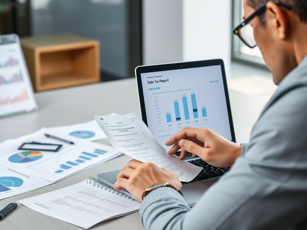 A high-resolution close-up shot of a financial professional analyzing a sales tax report on a modern laptop. The background features a clean and professional office setting with financial charts and documents scattered around. The subject is focused and engaged, showcasing a sense of expertise and diligence in handling financial data.