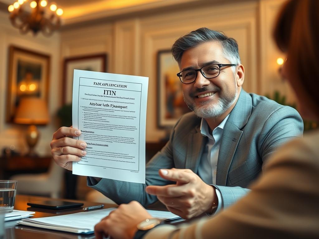 Close-up shot of a professional financial advisor sitting at a desk, helping a client with tax documents. The advisor is showing a form that highlights the ITIN application process, emphasizing that there is no need to send a passport to the IRS. The background is an elegant office setting with warm lighting, creating an inviting atmosphere. The financial advisor is smiling, conveying trust and professionalism.