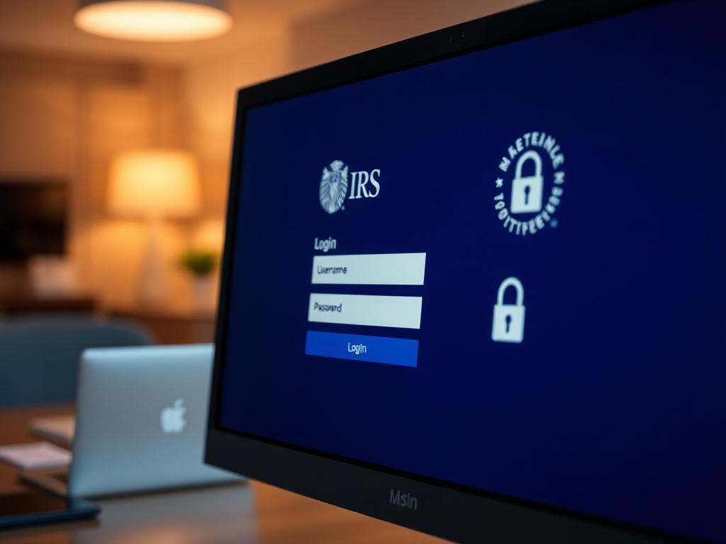 A close-up shot of a computer screen displaying the IRS login portal for individual accounts. The screen shows a user-friendly interface with fields for username and password, accompanied by a secure lock icon. The background is a simple office setting, softly blurred to emphasize the screen, with warm lighting to create an inviting atmosphere.