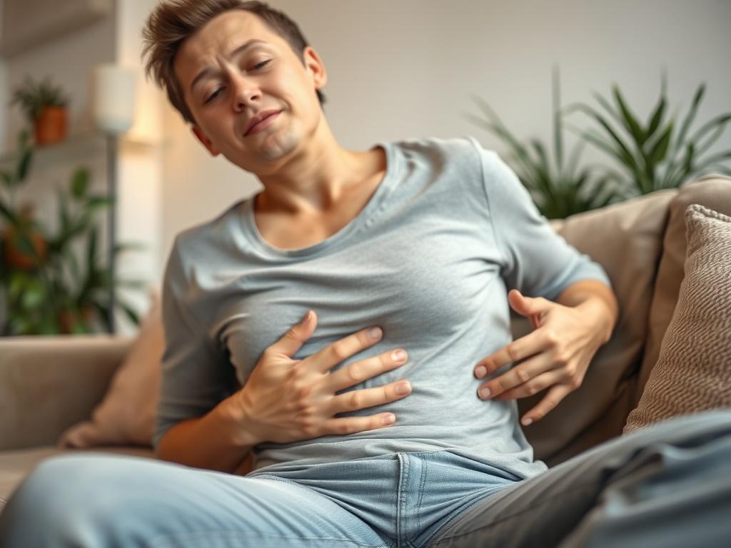 A serene close-up shot of a person holding their stomach, sitting on a cozy couch with a thoughtful expression. The background is softly blurred, featuring a warm, inviting living room with plants and soft lighting. The focus is on the individual, conveying a moment of reflection and mindfulness regarding their eating habits.