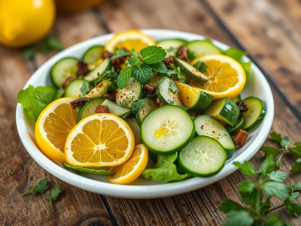 A close-up shot of a vibrant Citrus Cucumber Herb Salad garnished with fresh herbs and a warm add-on option, beautifully arranged on a rustic wooden table. The salad features bright colors like green cucumbers, yellow citrus slices, and a drizzle of olive oil. The background is softly blurred to emphasize the salad, shot with a 45mm f/1.2 lens style.
