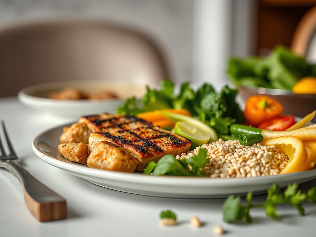 A close-up shot of a plate of healthy, balanced meals including protein, fiber-rich vegetables, and whole grains, presented on a clean, simple table setting. The background should be softly blurred to emphasize the vibrant colors of the food, creating an inviting and nourishing atmosphere. The image should reflect an appealing and healthy lifestyle, shot with a 45mm f/1.2 lens style.
