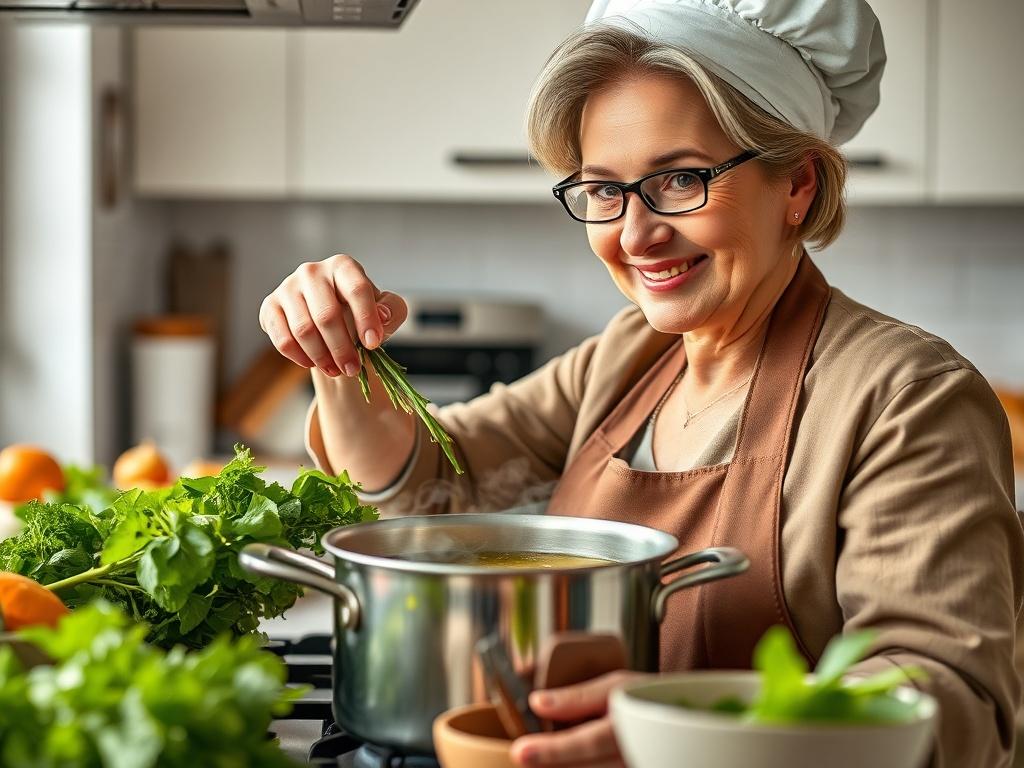 A close-up shot of a chef preparing Stovetop Herbal Mineral Broth in a modern kitchen. The chef, a middle-aged woman with a warm smile, is adding fresh herbs and vegetables to a pot on the stove. The image should capture the vibrant colors of the ingredients and the steaming broth, conveying a sense of health and nourishment. The kitchen background should be bright and inviting, reflecting a cozy and practical cooking environment.