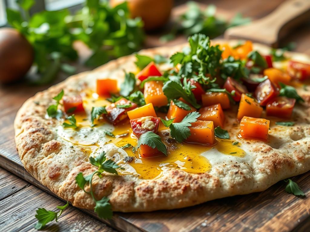 A close-up of a beautifully arranged Herbed Healing Flatbread on a rustic wooden table. The flatbread is topped with fresh herbs, colorful vegetables, and a drizzle of olive oil. Soft natural light falls on the scene, highlighting the vibrant colors and textures of the ingredients. The background is blurred, focusing on the flatbread, with hints of fresh herbs and cooking utensils subtly visible.