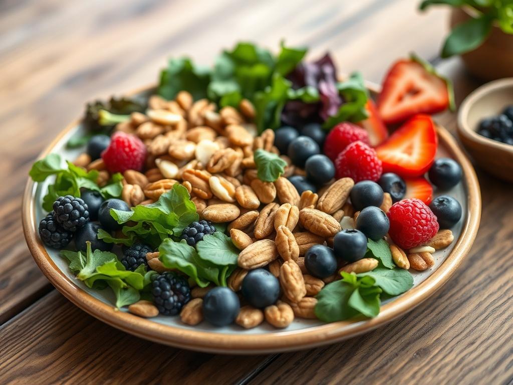 A close-up shot of a colorful plate featuring a variety of anti-inflammatory foods, such as leafy greens, berries, and nuts, arranged beautifully on a wooden table. The background is softly blurred to emphasize the vibrant colors of the food, creating a warm and inviting atmosphere. The lighting is natural, highlighting the freshness and textures of the ingredients.