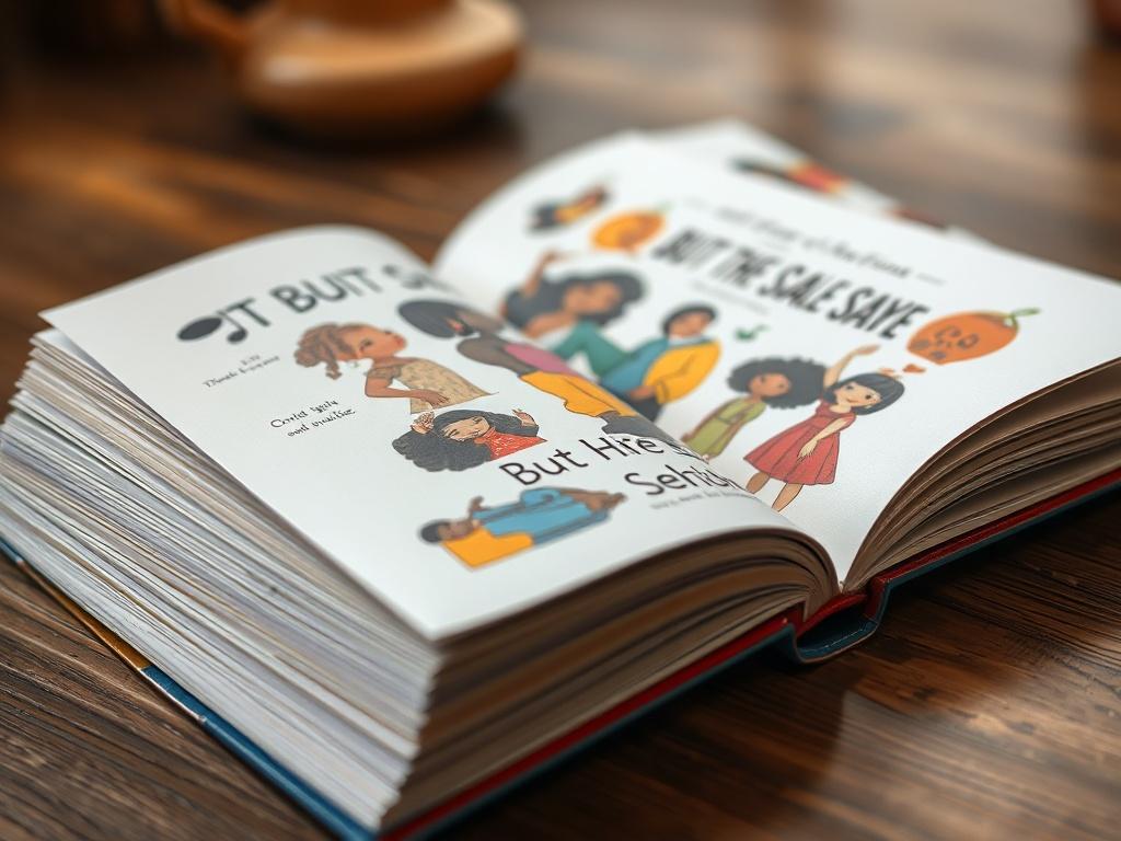 A close-up shot of the book 'But The Scale Says' opened to a page showcasing vibrant multicultural illustrations. The background should be softly blurred to emphasize the book and its pages, capturing the essence of empowerment and self-love. The imagery should reflect diversity, with illustrations that celebrate girls of various sizes and ethnicities, making the book visually appealing and inviting.