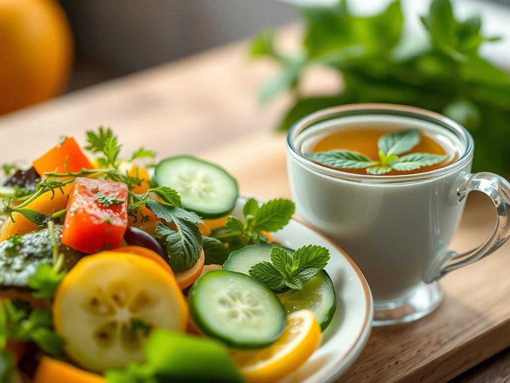 A close-up shot of a fresh, colorful Digestive Citrus Cucumber Herb Salad with herbs and cucumbers, beautifully arranged on a plate. Next to it, a steaming cup of Ginger Mint Fennel Tea sits invitingly, with mint leaves floating on top. The background is softly blurred, highlighting the vibrant colors of the salad and tea, creating a warm and inviting atmosphere.