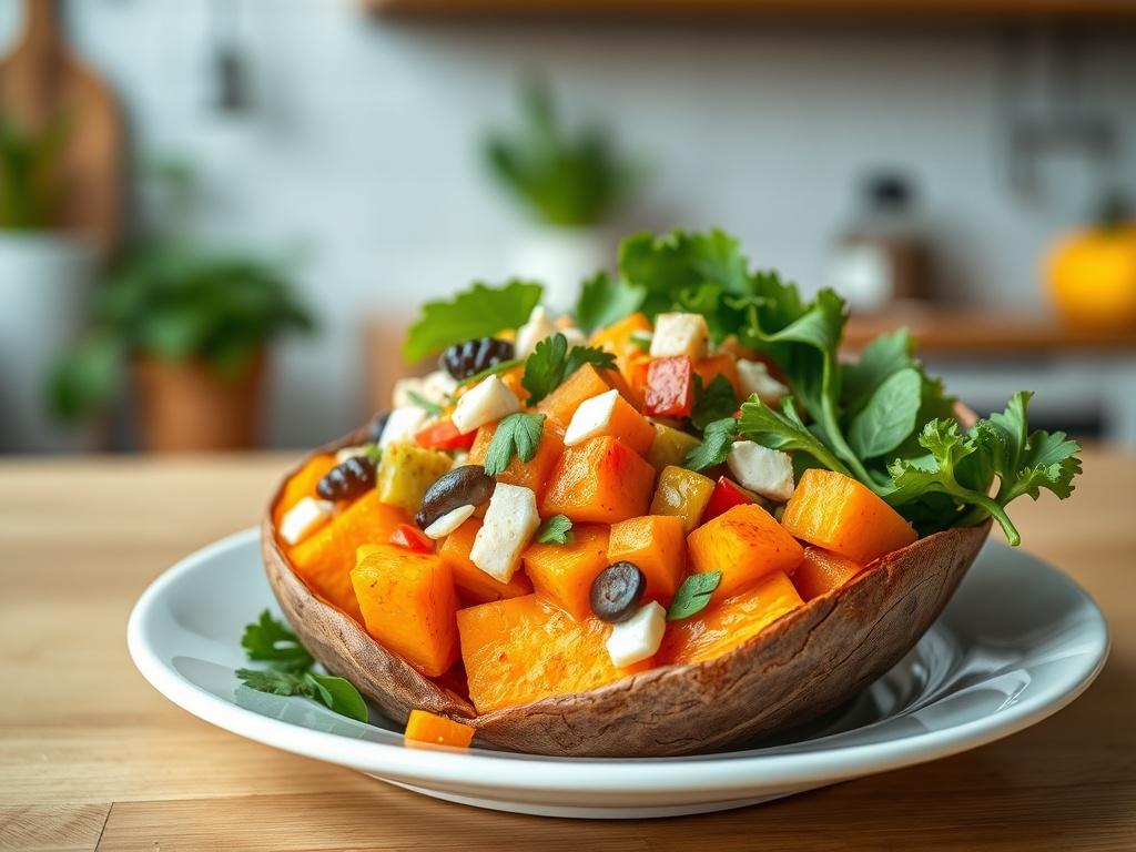 A close-up shot of a vibrant Loaded Sweet Potato Balance Bowl, featuring bright orange sweet potatoes, green leafy vegetables, colorful toppings, and a clean white plate. The background is softly blurred to emphasize the dish, with warm, inviting kitchen tones in a simple and clear composition.