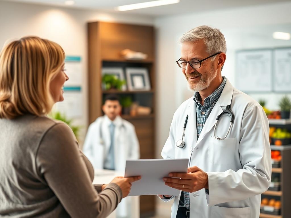 A close-up shot of a friendly healthcare professional in a white coat, discussing a weight management plan with a patient. The background is a well-lit, modern clinic setting with medical charts and a healthy food display. Capture the warmth and trust in the conversation, shot with a 45mm f/1.2 lens.