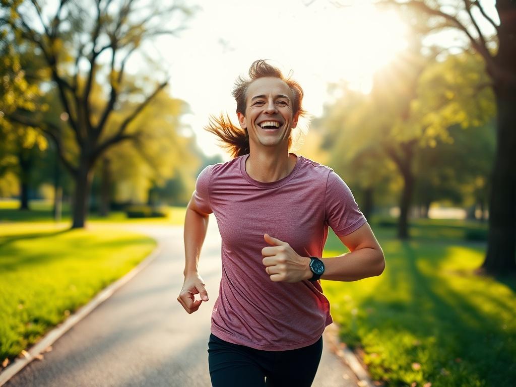 A close-up shot of a joyful person jogging in a scenic outdoor setting, showcasing their commitment to a healthier lifestyle. The background features a beautiful park with greenery and sunlight filtering through the trees, creating an uplifting atmosphere. Shot with a 45mm f/1.2 lens.