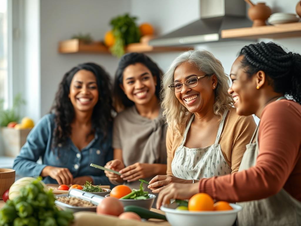 A close-up shot of a happy, diverse group of people smiling together, representing a supportive community. The background features a bright, clean kitchen with fresh fruits and vegetables. The focus is on the individuals engaging in conversation and enjoying healthy food preparations, shot with a 45mm f/1.2 lens.