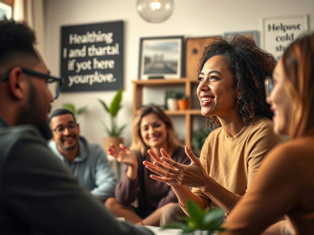 A close-up shot of a diverse group of people engaging in a virtual class via Zoom, with one person speaking passionately about health and wellness. The background is a cozy, well-lit home environment, with plants and motivational quotes visible. The image captures the essence of learning and community, emphasizing connection and understanding.