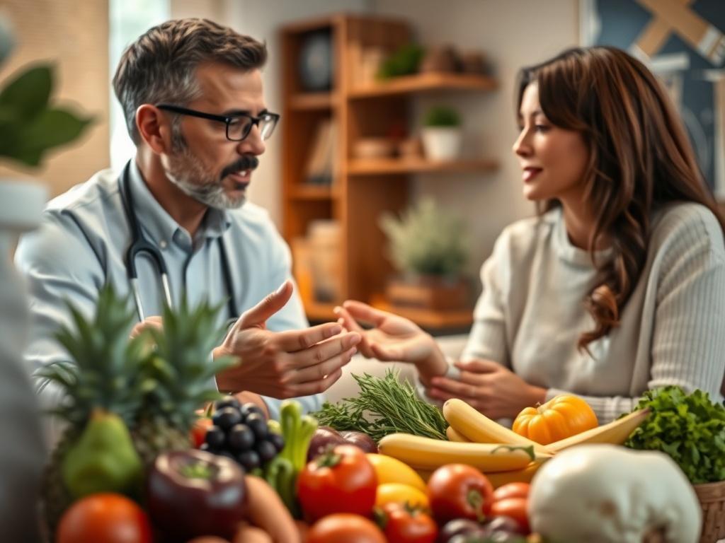 A close-up shot of a nutritionist explaining healthy eating habits to a client, with a colorful array of fruits and vegetables in the foreground. The background features a cozy consultation room with warm lighting, creating an inviting atmosphere for learning.