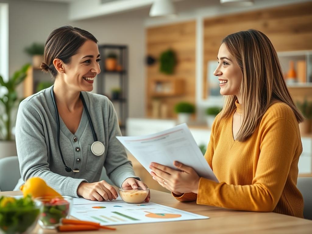 A close-up shot of a nutritionist discussing a personalized weight loss plan with a client, with charts and healthy food items on a table in the background. The setting is bright and inviting, showcasing a warm atmosphere. The nutritionist is smiling and engaging, while the client looks motivated and interested.