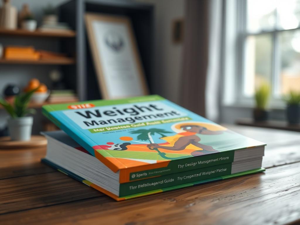A close-up shot of a well-designed weight management guidebook on a wooden table. The book's cover features vibrant colors and engaging graphics. The background is softly blurred to highlight the book, and natural light illuminates the scene, creating an inviting atmosphere.