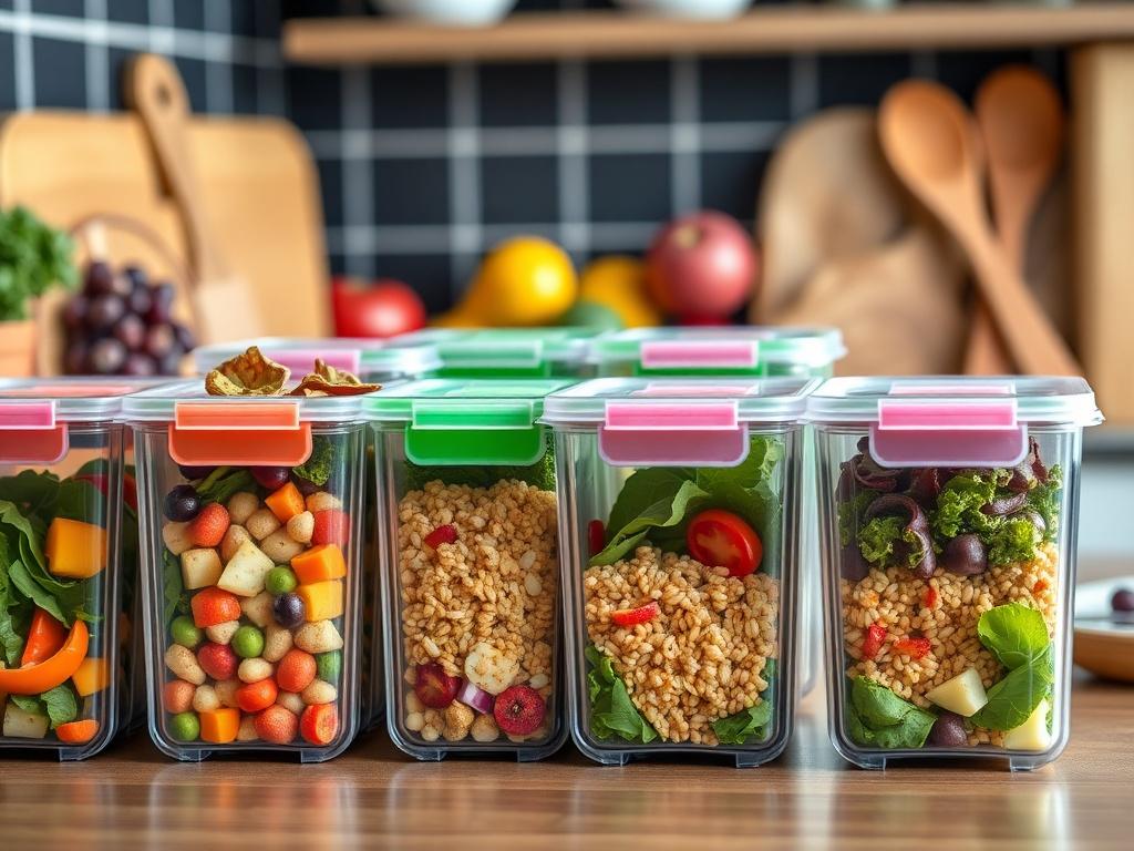 A close-up shot of a set of colorful healthy meal prep containers neatly arranged on a kitchen counter. The containers are filled with vibrant, healthy foods like salads, grains, and fruits. The backdrop includes a cutting board and fresh ingredients to emphasize healthy eating.