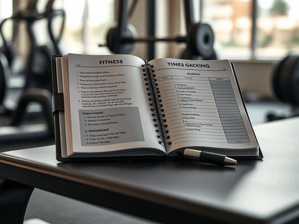 A close-up shot of an open fitness tracking journal on a gym bench, with a pen resting on the pages. The journal features motivational quotes and fitness progress sections. The gym equipment in the background is slightly blurred, drawing attention to the journal.
