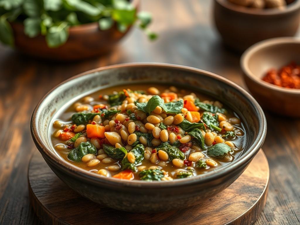 A close-up shot of a vibrant, healthy Iron Boost Lentil & Spinach Stew garnished with fresh herbs, presented in a rustic bowl. The background features a wooden table with soft natural light illuminating the dish, creating a warm and inviting atmosphere. The image should emphasize the rich colors of the ingredients, including bright green spinach, earthy lentils, and colorful spices, while maintaining a simple and clear composition that draws the viewer's attention to the stew.
