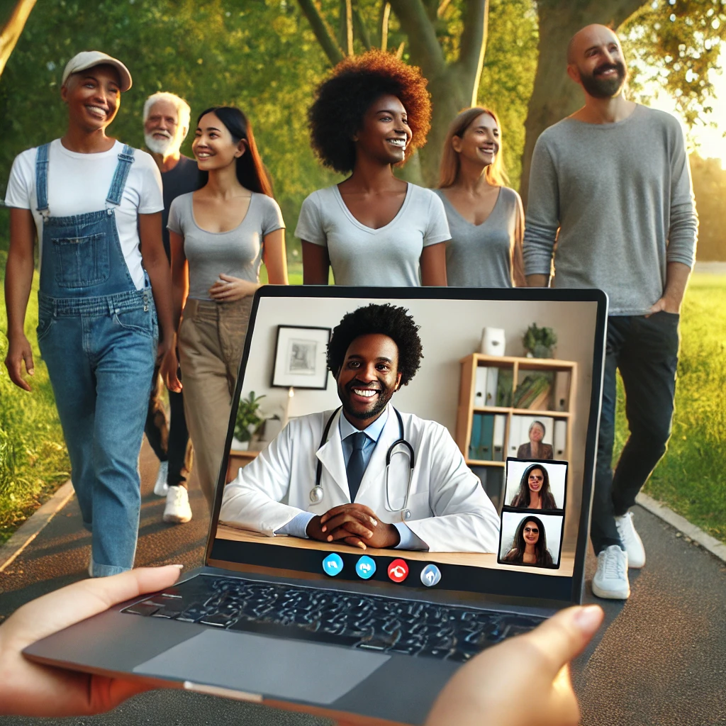 dall·e 2024-11-26 11.30.38 - a high-quality and professional image featuring black individuals in a weight management healthcare setting. the scene includes a group of people walk.webp