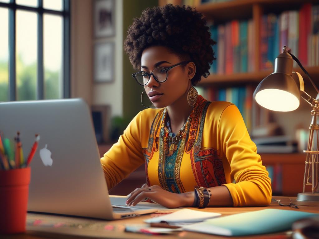 A professional content writer at a desk, typing on a laptop with vibrant African decor in the background. The focus is on the writer, showcasing their concentration and creativity, with warm lighting and a clean workspace. The environment reflects a blend of modern and traditional African elements, using bold colors and minimalistic design.
