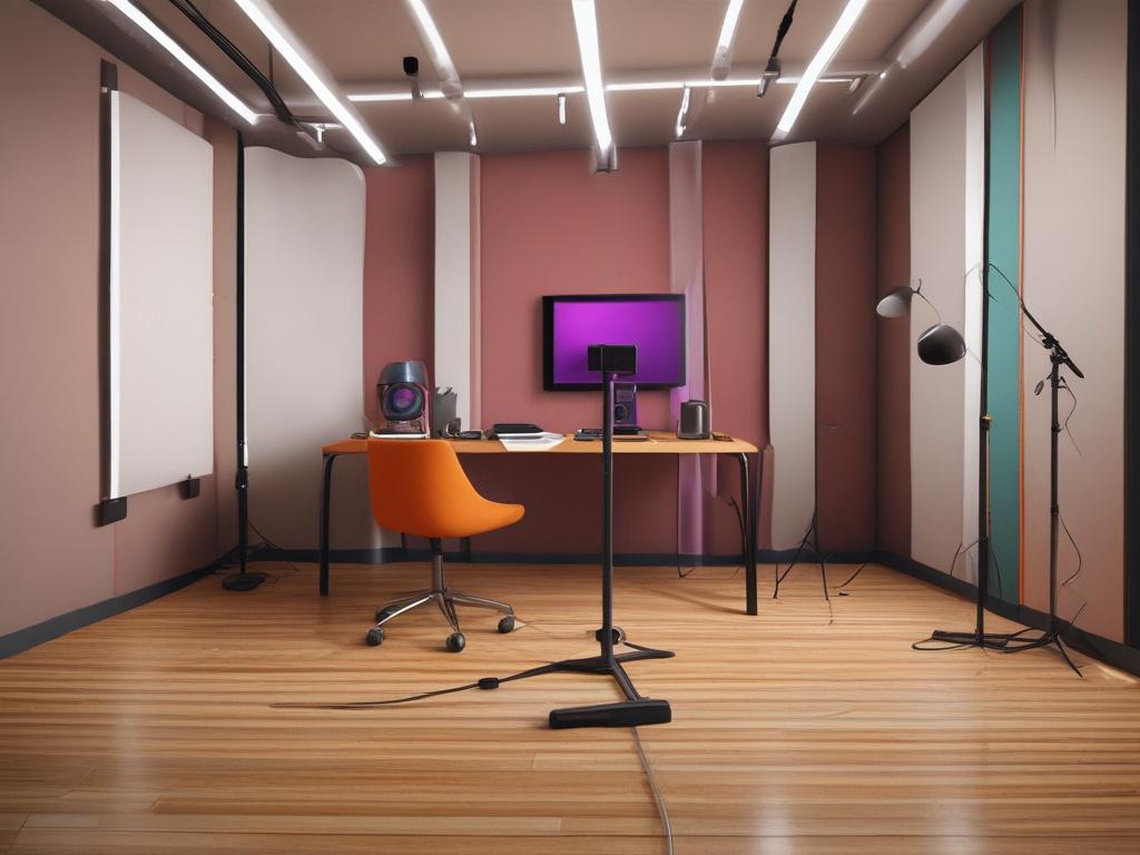 a professional podcast studio setting with a microphone and sound equipment, a vibrant backdrop inspired by African culture, clean lines, photorealistic details, bold colors, minimalistic design