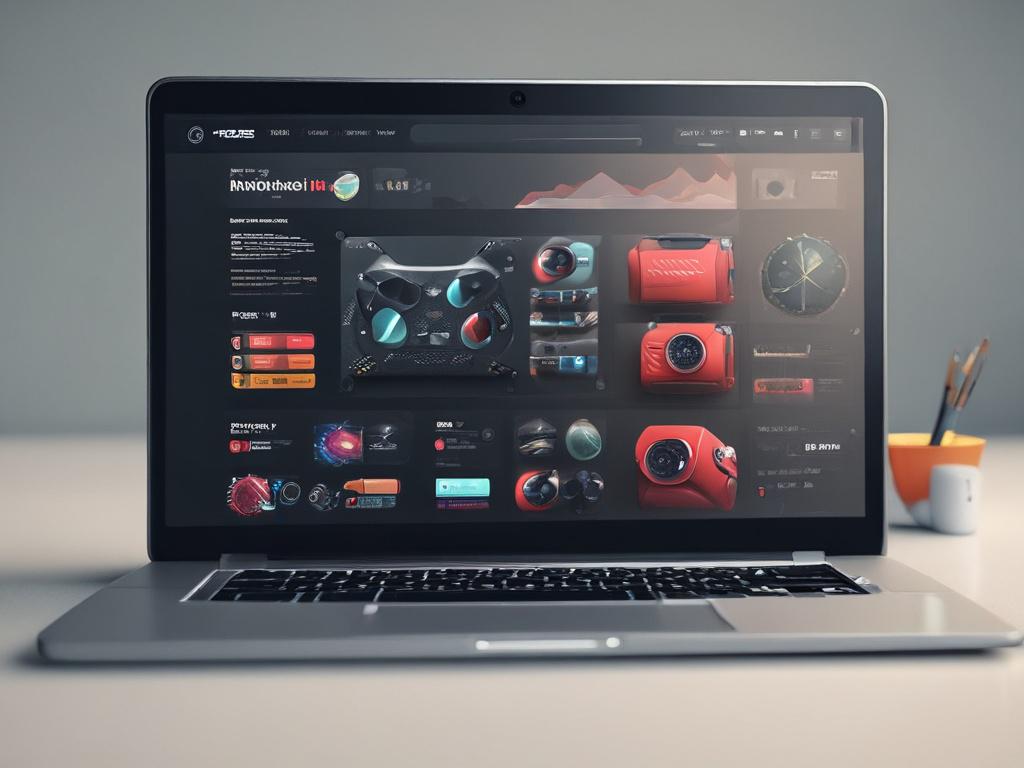 A hyper-realistic close-up shot of a modern online marketplace interface displayed on a sleek laptop, showcasing various premium brand items like tech gadgets and gaming accessories. The background is softly blurred to emphasize the laptop, with warm, inviting lighting that highlights the quality of the products. The scene conveys a sense of convenience and sophistication, appealing to discerning online shoppers.
