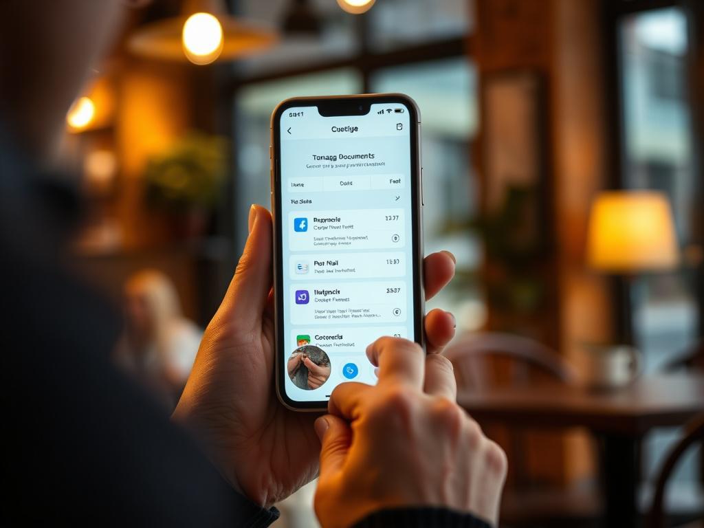 Create a realistic high-resolution photo of a person using a mobile app to manage documents. The focus should be on the phone screen displaying a user-friendly interface of a document management application. The background should be a cozy coffee shop setting with warm lighting, creating a relaxed atmosphere. The person should appear engaged and satisfied while interacting with the app, showcasing the ease of use. The colors should be vibrant, with a primary focus on the rgb(50, 170, 39) shade.
