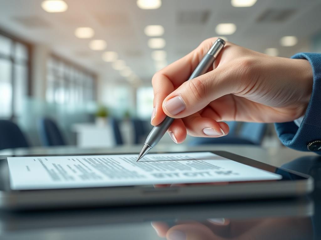 A close up view of a hand signing a document