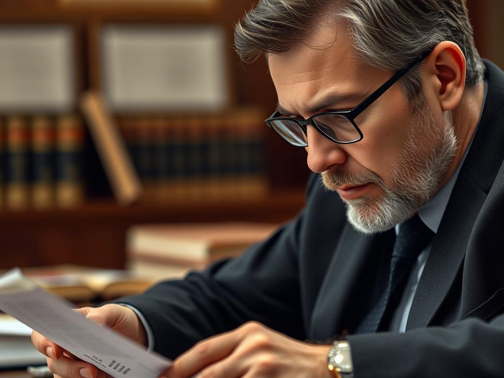 A close-up shot of a certified translator in a courtroom setting, reviewing legal documents with a focused expression. The background depicts blurred legal books and documents, emphasizing the seriousness and professionalism of the translation expert witness role.