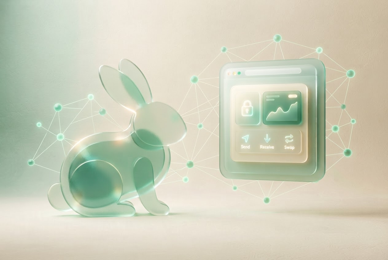 Layered rabbit silhouette and a browser wallet panel representing a clearer Web3 experience