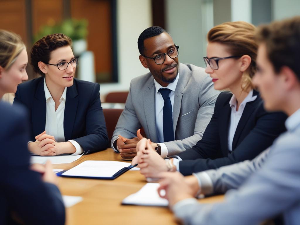 Create a hyper-realistic close-up shot of a diverse group of legal professionals engaged in a lively discussion during a CLE training session. The background should be a modern conference room with warm lighting, showcasing a sense of collaboration and learning. Use a shallow depth of field to focus on the expressions of the participants while maintaining an inviting atmosphere.