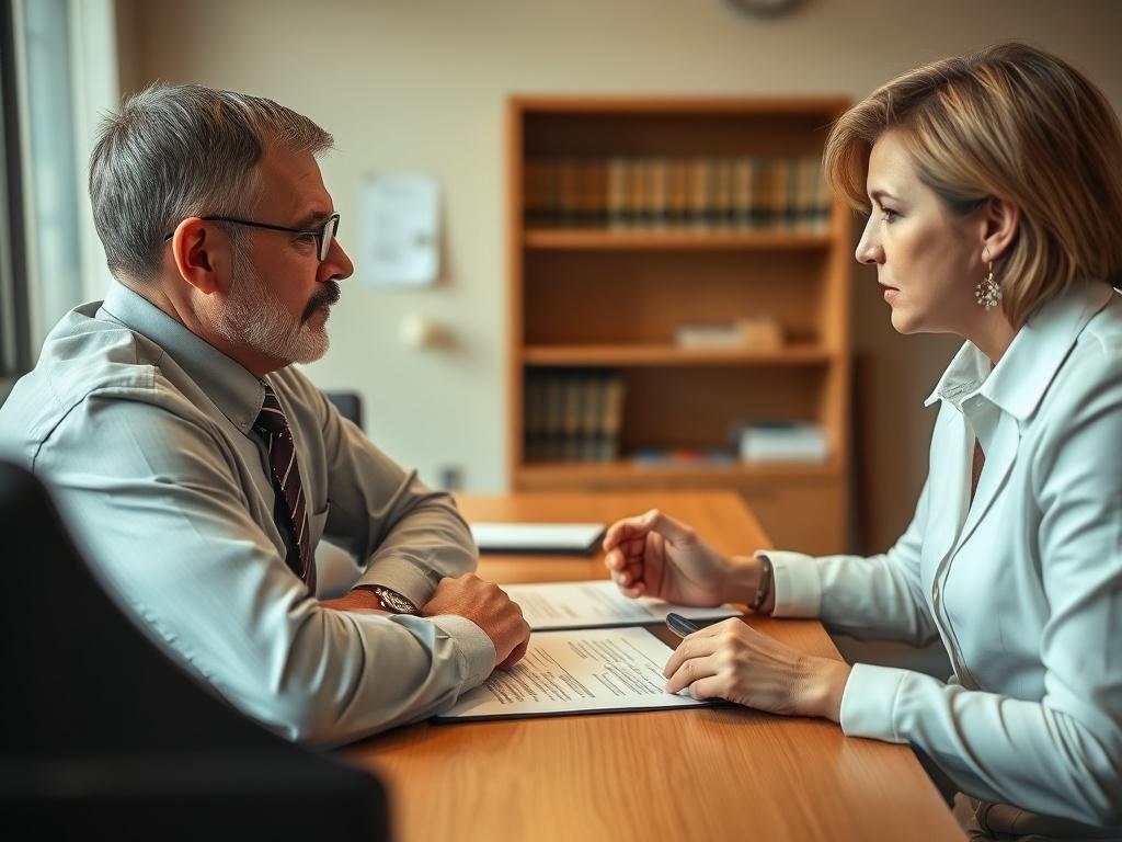 A close-up shot of a legal consultation taking place at a law office, with a veteran discussing their initial claim with a lawyer. The setting is professional and warm, showcasing a desk with legal documents and a laptop, emphasizing the supportive atmosphere.