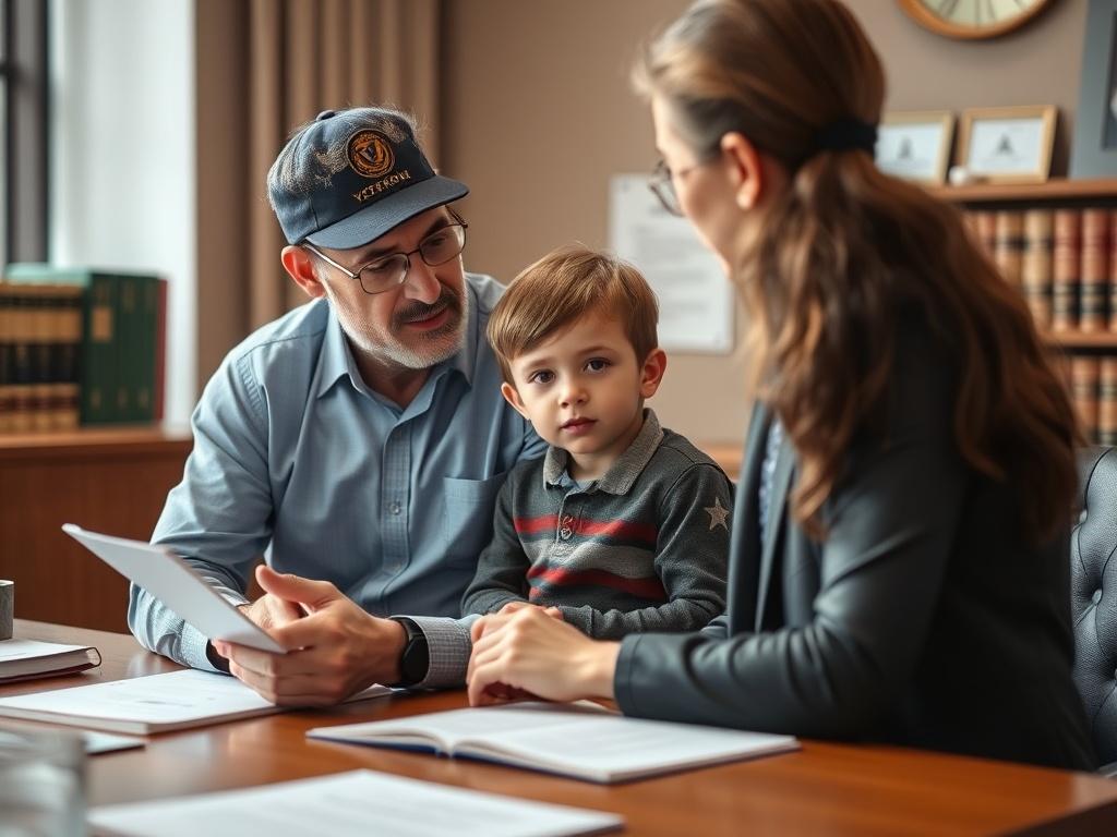 A close-up shot of a veteran parent and child in a law office, with the lawyer discussing benefits for the child. The atmosphere is warm and supportive, emphasizing the importance of family and legal advocacy.