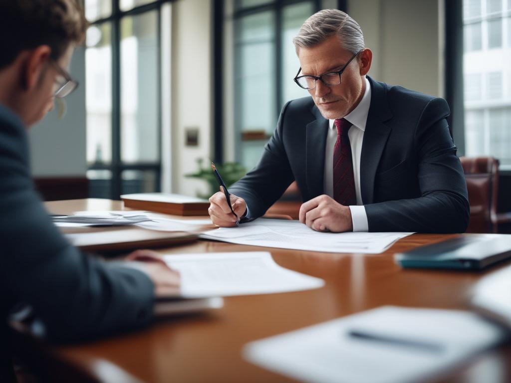 A focused shot of a veteran engaging with a lawyer in an office setting, with legal documents spread out on a table. The background should be a well-lit office with shelves of legal books, emphasizing professionalism and trust.