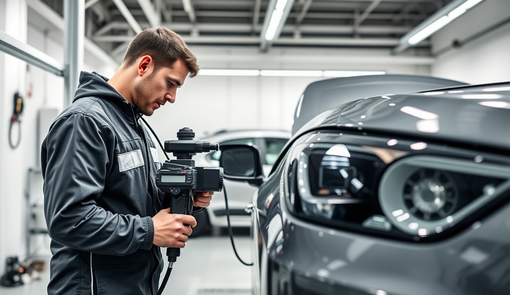 Técnico profissional realizando vistoria automotiva completa com precisão