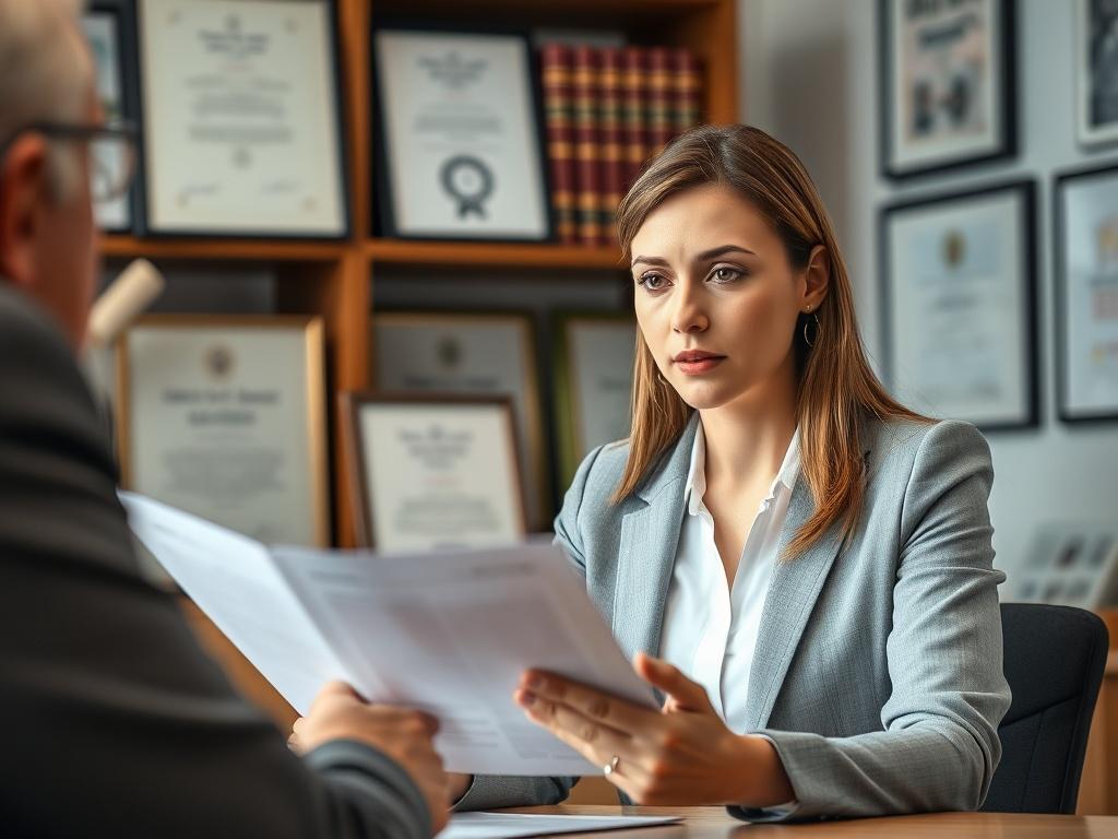 A focused image of a businesswoman discussing legal documents with a client in an office setting. The background contains shelves with legal books and framed certificates, emphasizing professionalism. The woman appears attentive and engaged, showcasing her role as a trusted advisor. Soft lighting adds warmth, creating an inviting atmosphere that highlights her dedication to client service.