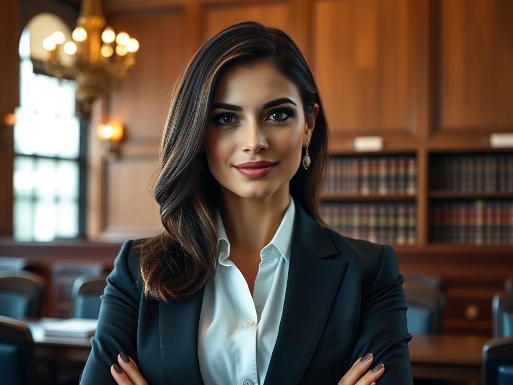 A professional portrait of a businesswoman in formal attire, standing confidently in a courtroom, with legal books and documents in the background. The focus is on her poised expression, showcasing her expertise. The lighting is warm and inviting, emphasizing her professionalism. The image should convey a sense of authority and trust, capturing the essence of her role as an expert witness.