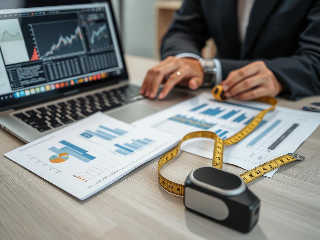 A high-resolution close-up photograph of a real estate appraiser analyzing property documents and charts on a modern desk. The scene should include a laptop displaying market analysis graphs, a notepad with handwritten notes, and a measuring tape. The background should be softly blurred to emphasize the subject, creating a professional and focused atmosphere. The color scheme should be compatible with rgb(50, 170, 39).