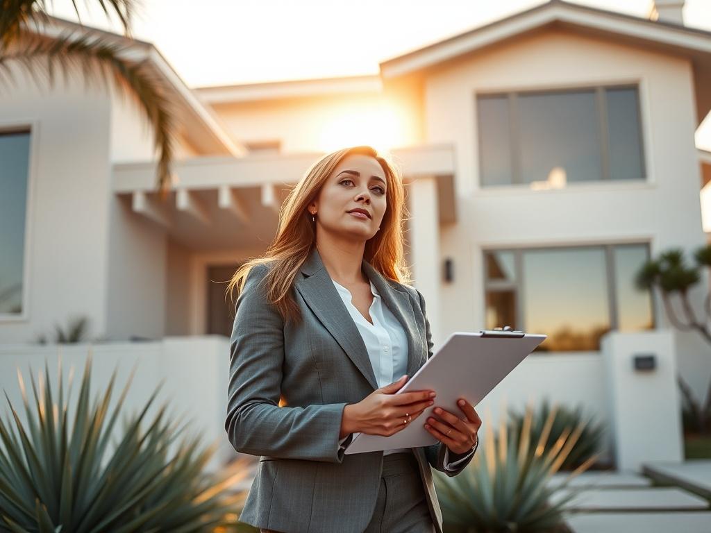 **AI Image Generation Prompt:**

Create a realistic high-resolution photo capturing a single female real estate broker, embodying professionalism and confidence, standing in front of a beautifully staged home for sale during golden hour. The broker is dressed in tailored business attire, holding a clipboard with property details and looking thoughtfully towards the home, symbolizing her dual expertise as both a Broker/CEO and a Legal Mediator. 

The background showcases the exterior of a modern Hermosa Beac