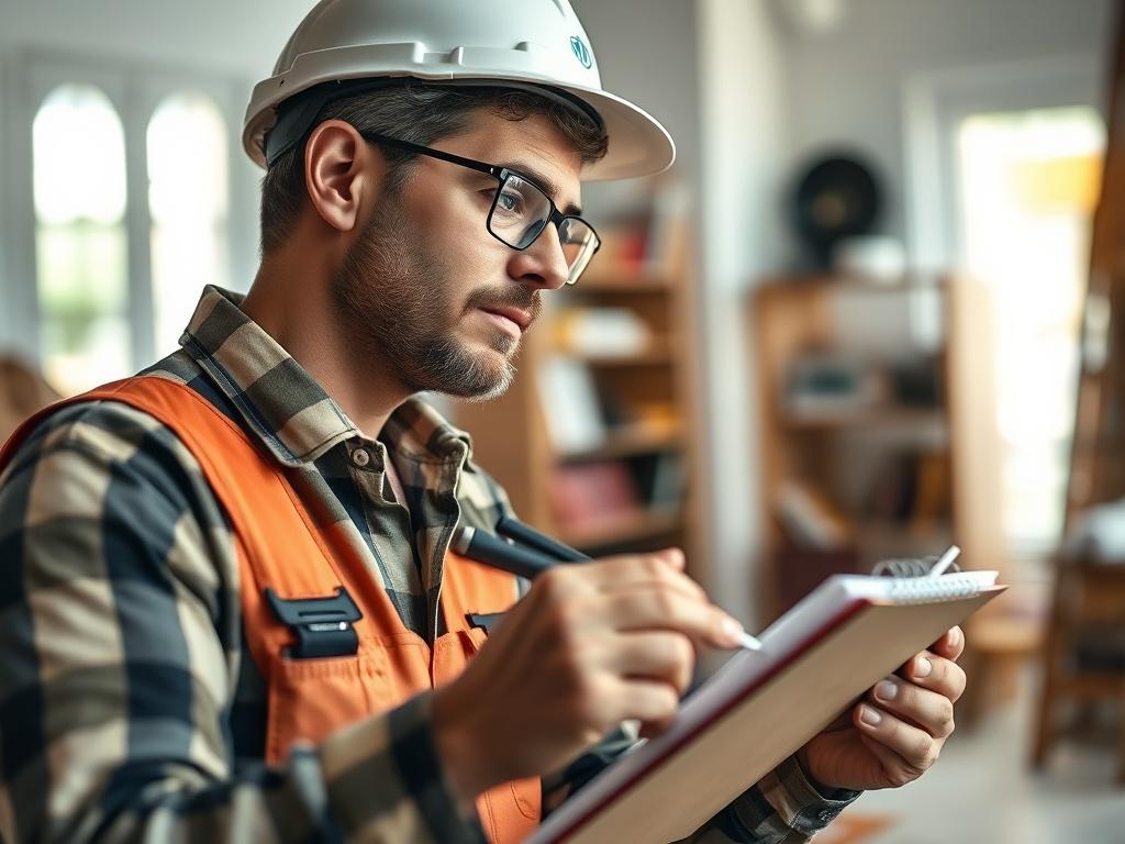 A close-up shot of a professional contractor evaluating a property for repairs, with a focus on a notepad and tools, set in a well-lit room. The background should be blurred to emphasize the contractor's thoughtful expression and the notepad's details. The composition should convey professionalism and trust, aligned with the RGB color (50, 170, 39) as a subtle accent in the decor.