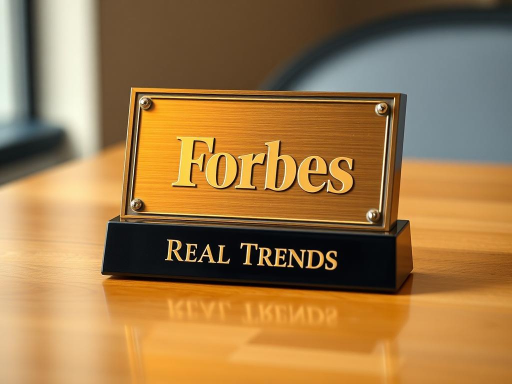 A hyper-realistic close-up photograph showcasing a prestigious award plaque with the words 'Forbes, Real Trends' engraved on it. The plaque should have a gold and silver color scheme, reflecting excellence and achievement. It should be placed on a polished wooden surface, softly lit to emphasize its details. The background should be blurred, focusing solely on the award, creating an elegant and impactful visual.