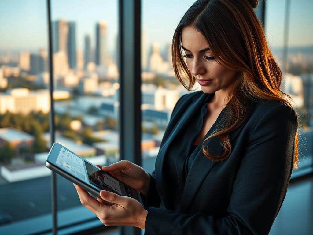 A close up shot of a professional woman reviewing property