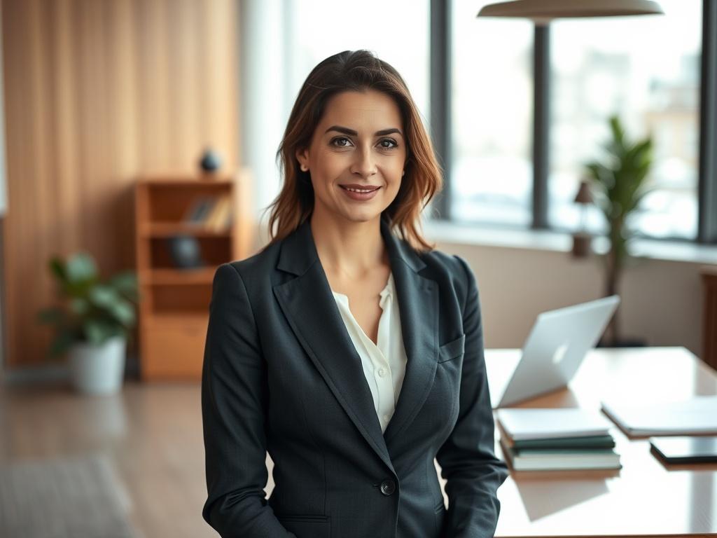 A close-up shot of a confident woman, Donna Nazir, standing in a modern office environment. She exudes professionalism and warmth, wearing a tailored suit. The background features a stylish desk with a laptop and legal documents, emphasizing her role in divorce mediation and real estate. The lighting is bright and inviting, creating an atmosphere of trust and authority. The image should have a shallow depth of field, focusing on Donna, with soft bokeh effects in the background.
