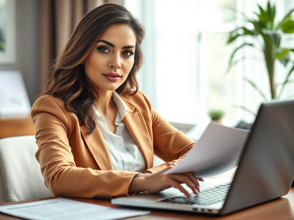 A close-up shot of a confident woman sitting at a desk, surrounded by legal documents and a laptop, symbolizing empowerment in the divorce process. The background is softly blurred, focusing on the woman’s determined expression, showcasing professionalism and strength. The colors are vibrant, with touches of green to reflect the primary color theme, capturing an atmosphere of hope and resilience.