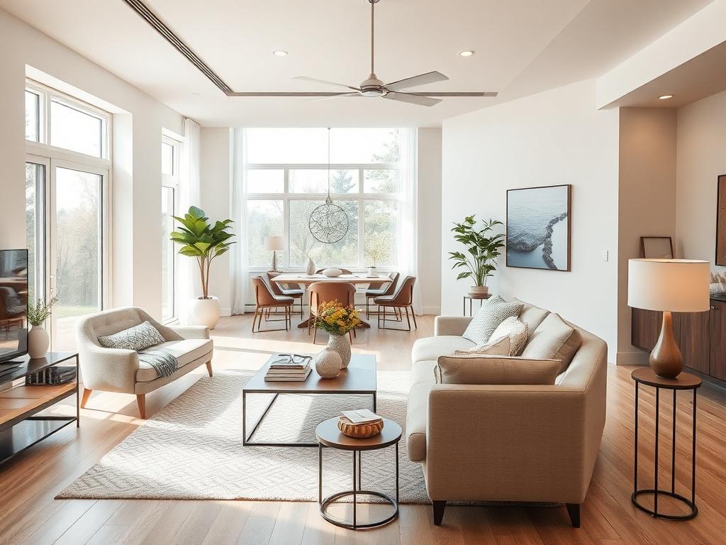 A beautifully staged living room in a modern home, featuring tasteful furniture arrangements, elegant decor, and natural lighting streaming through large windows. The room should appear inviting and spacious, showcasing a cozy seating area, a stylish coffee table, and decorative accents that enhance the overall ambiance. The background should have a clean and neutral color palette, emphasizing the warmth and appeal of the space.