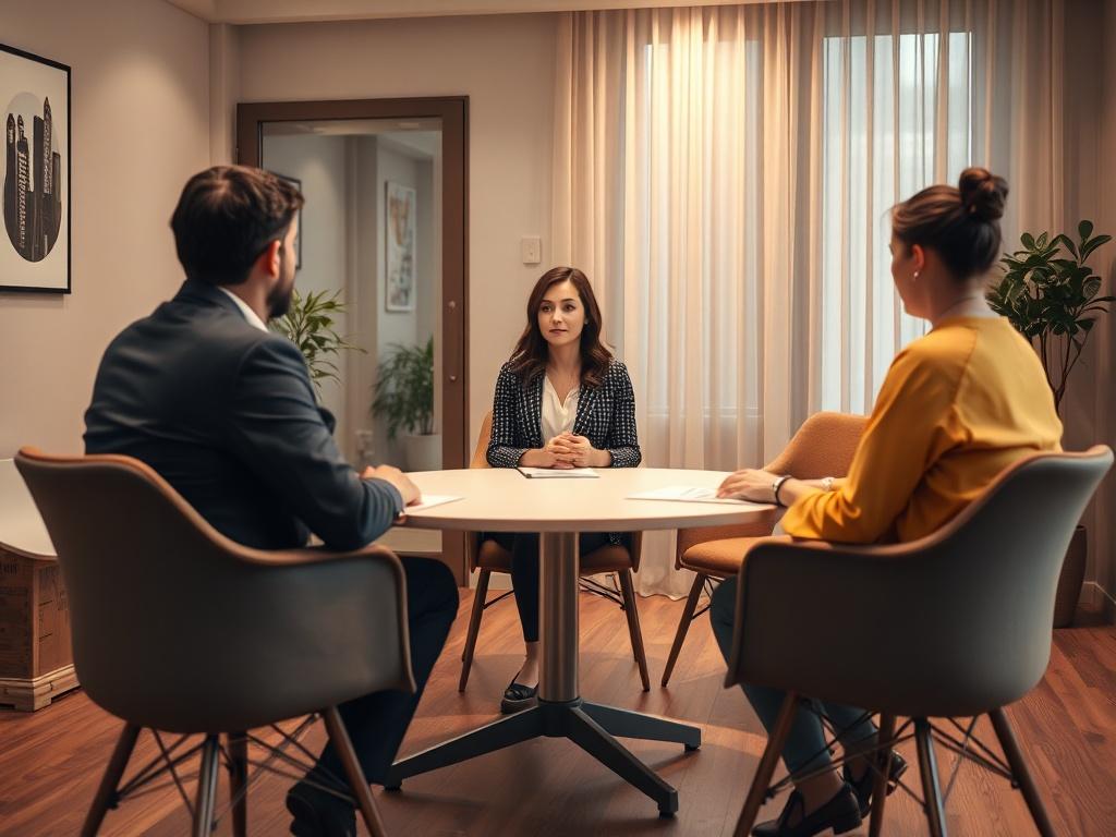 An inviting mediation room with a round table, soft lighting, and comfortable chairs. A woman is sitting calmly, facilitating a discussion between two parties. The atmosphere is warm and peaceful, emphasizing open communication and resolution, captured in hyper-realistic detail.