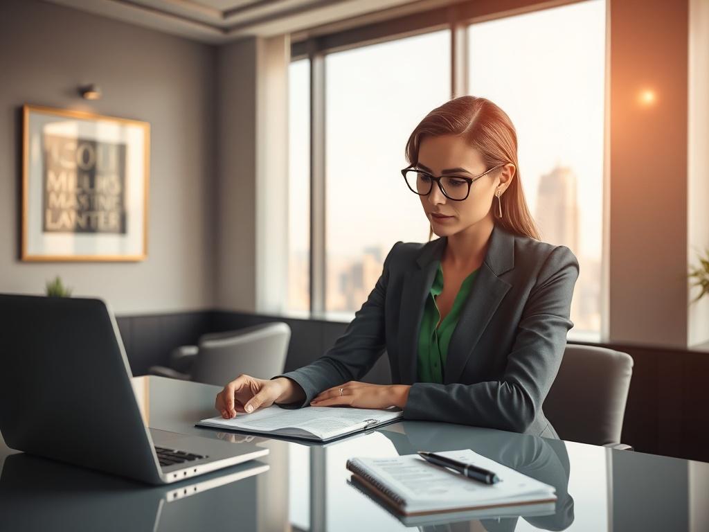 Create a realistic high-resolution photo featuring a professional-looking woman sitting at a sleek, modern desk in an upscale office setting. She should exude confidence and clarity, with a focused expression as she thoughtfully reviews documents related to divorce strategies for high net worth individuals. The desk should be adorned with a few sophisticated items: a closed laptop, a stylish pen, and a notepad filled with organized notes. 

In the background, light pours in through large windows, offering a
