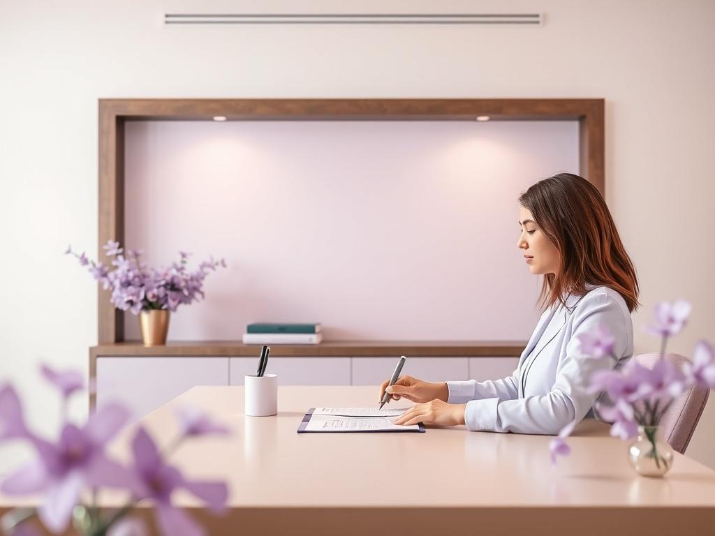 An elegant setting with a woman reviewing apostille documents at a desk, surrounded by soft purple accents, portraying an air of professionalism and elegance.