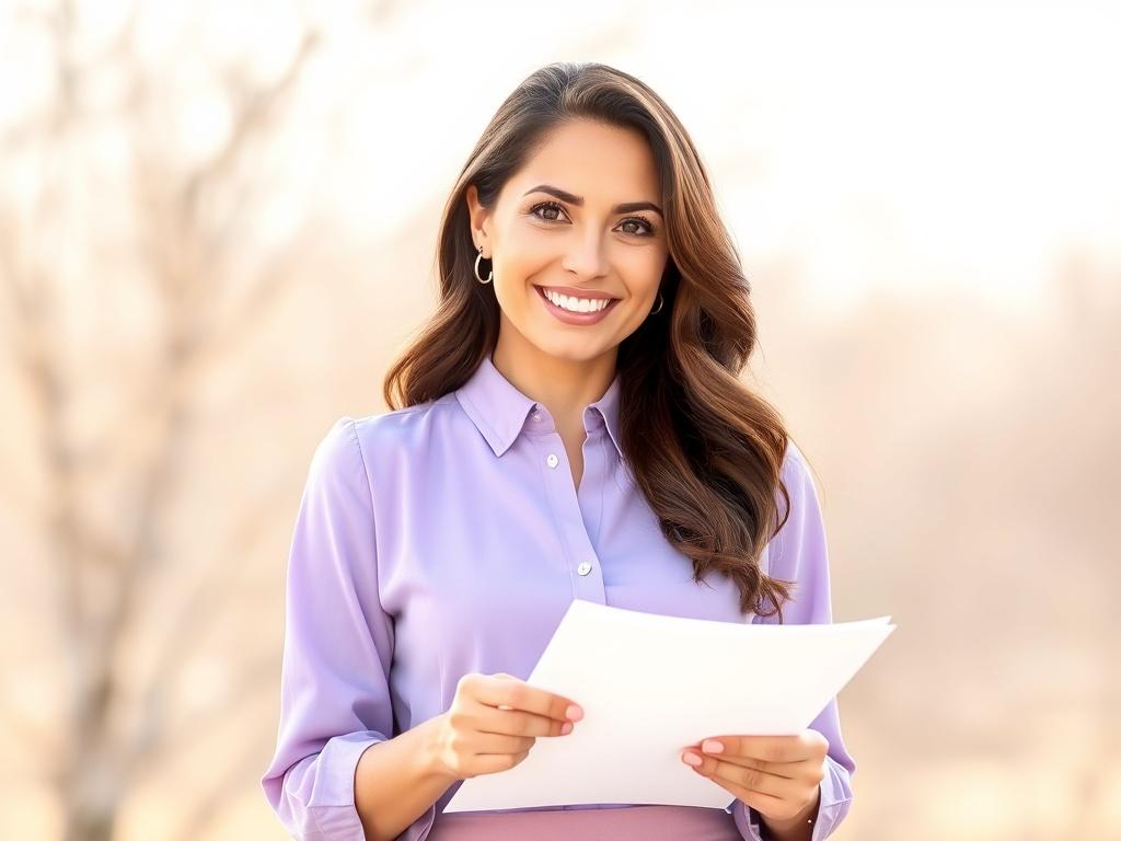 A professional notary, a woman in a light purple blouse, holding documents in a serene outdoor setting, with a neutral background that consists of soft trees or greenery, creating a calming and inviting atmosphere.