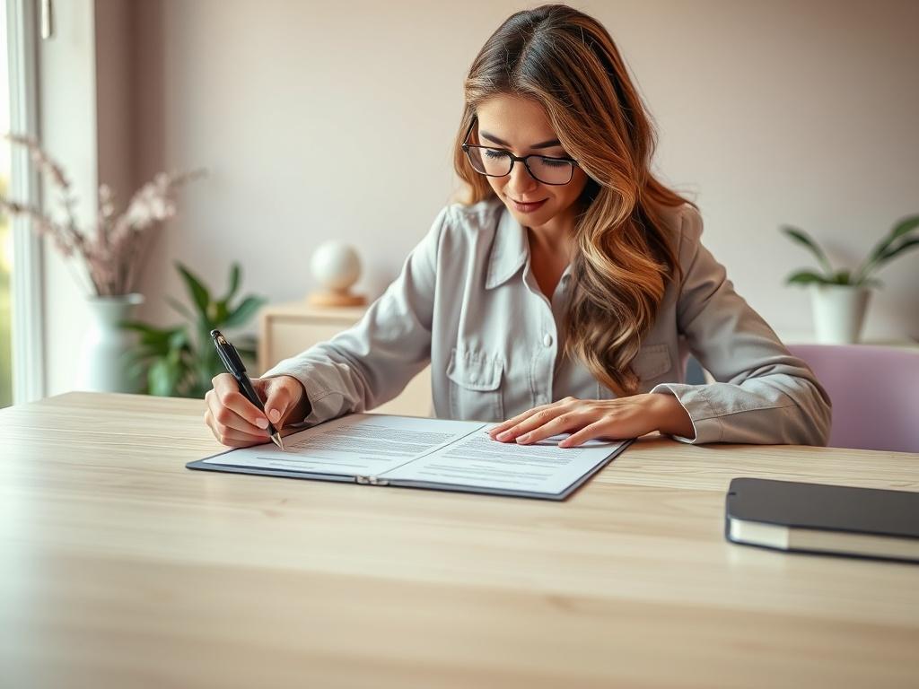 A close-up of a confident woman signing loan documents on a light wooden table, with soft light purple tones in the surrounding decor, exuding warmth and professionalism.